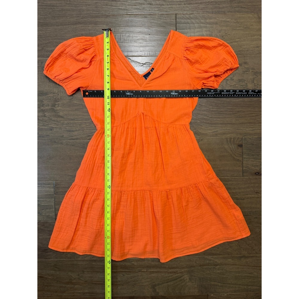 Gap Orange Cotton Double Gauze Puff Sleeve Tiered Mini Dress Small V-Neck Pocket - Picture 6 of 8